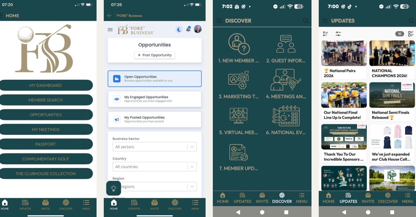 The "FORE" Business App: home, Opportunities, Discover and Updates screens